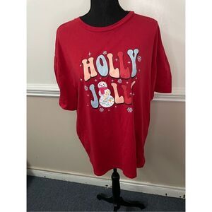 Holly Jolly Disco Snowman Red Short Sleeve Tee Shirt Size Large